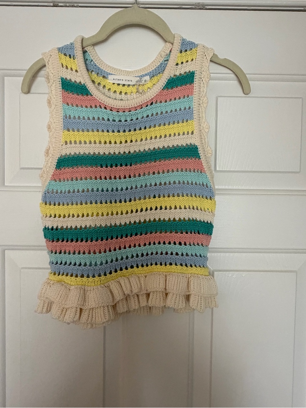 Altar'd State Cream Crochet Tank with Teal, Pink, Yellow & Light Blue Stripes